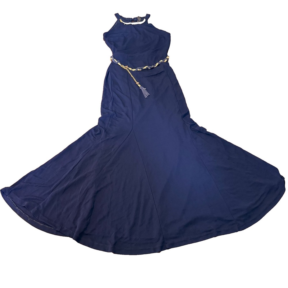 Mango Suit Women's‎ Navy Blue Maxi Dress XS Halter Chain Belt Evening Cocktail